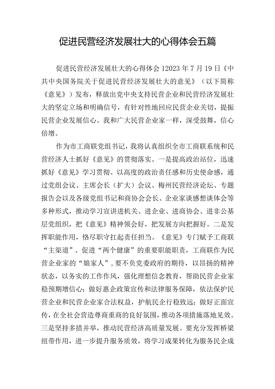 促进民营经济发展壮大的心得体会五篇.docx_第1页