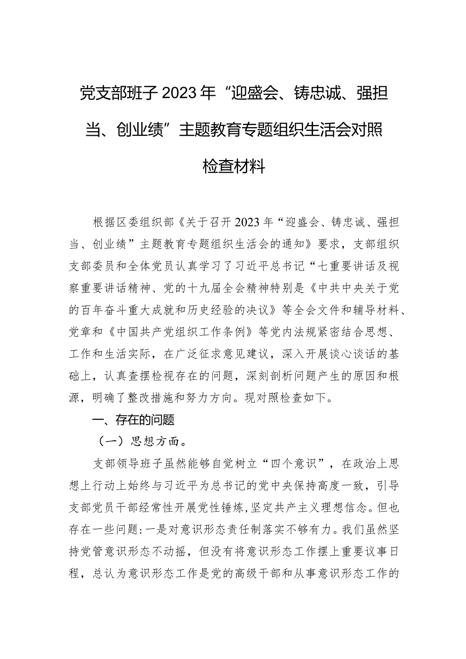 党支部班子2023年“迎盛会、铸忠诚、强担当、创业绩”主题教育专题组织生活会对照检查材料.docx_第1页