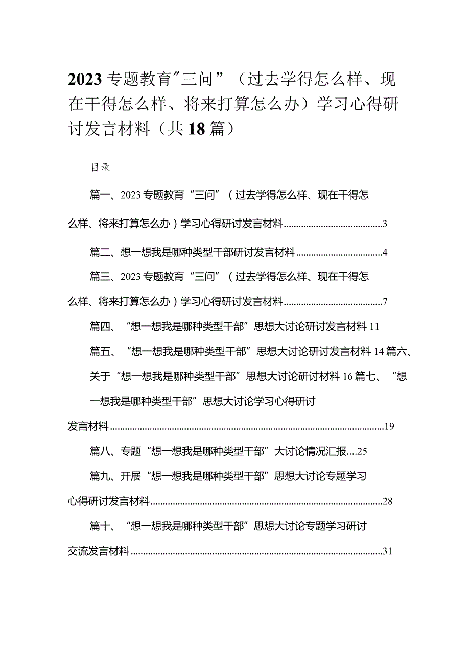 专题教育“三问”（过去学得怎么样、现在干得怎么样、将来打算怎么办）学习心得研讨发言材料18篇供参考.docx_第1页