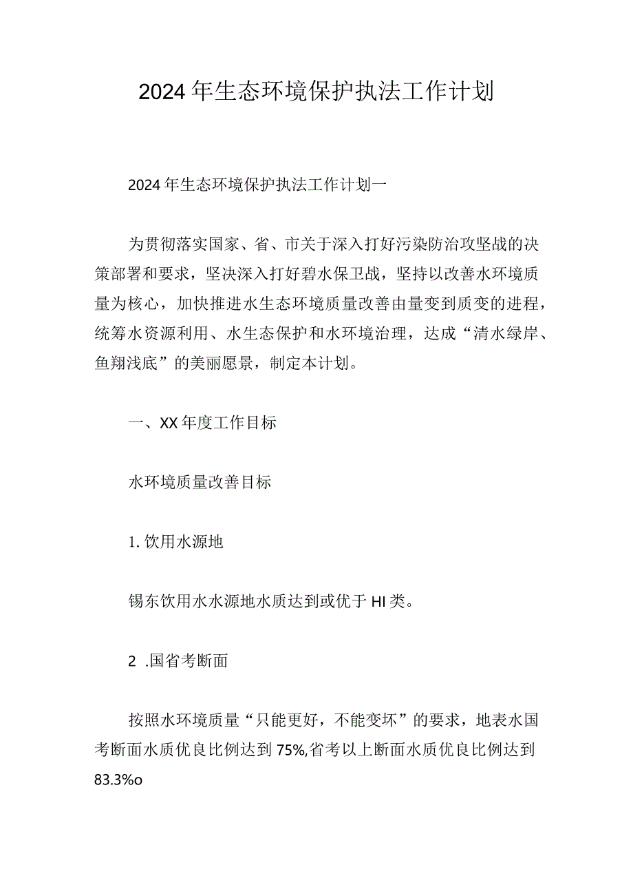 2024年生态环境保护执法工作计划.docx_第1页