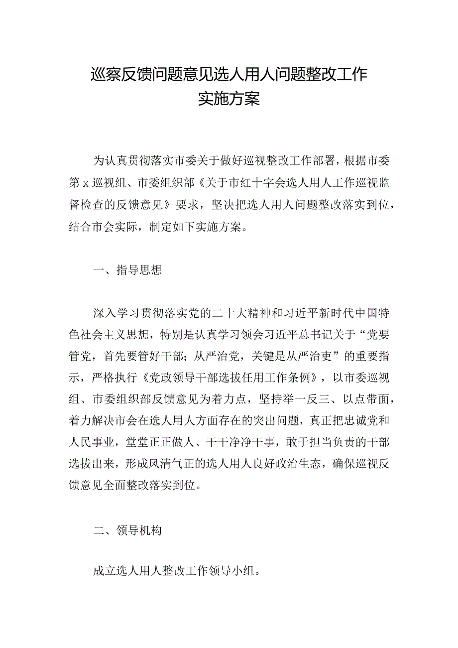 巡察反馈问题意见选人用人问题整改工作实施方案.docx_第1页