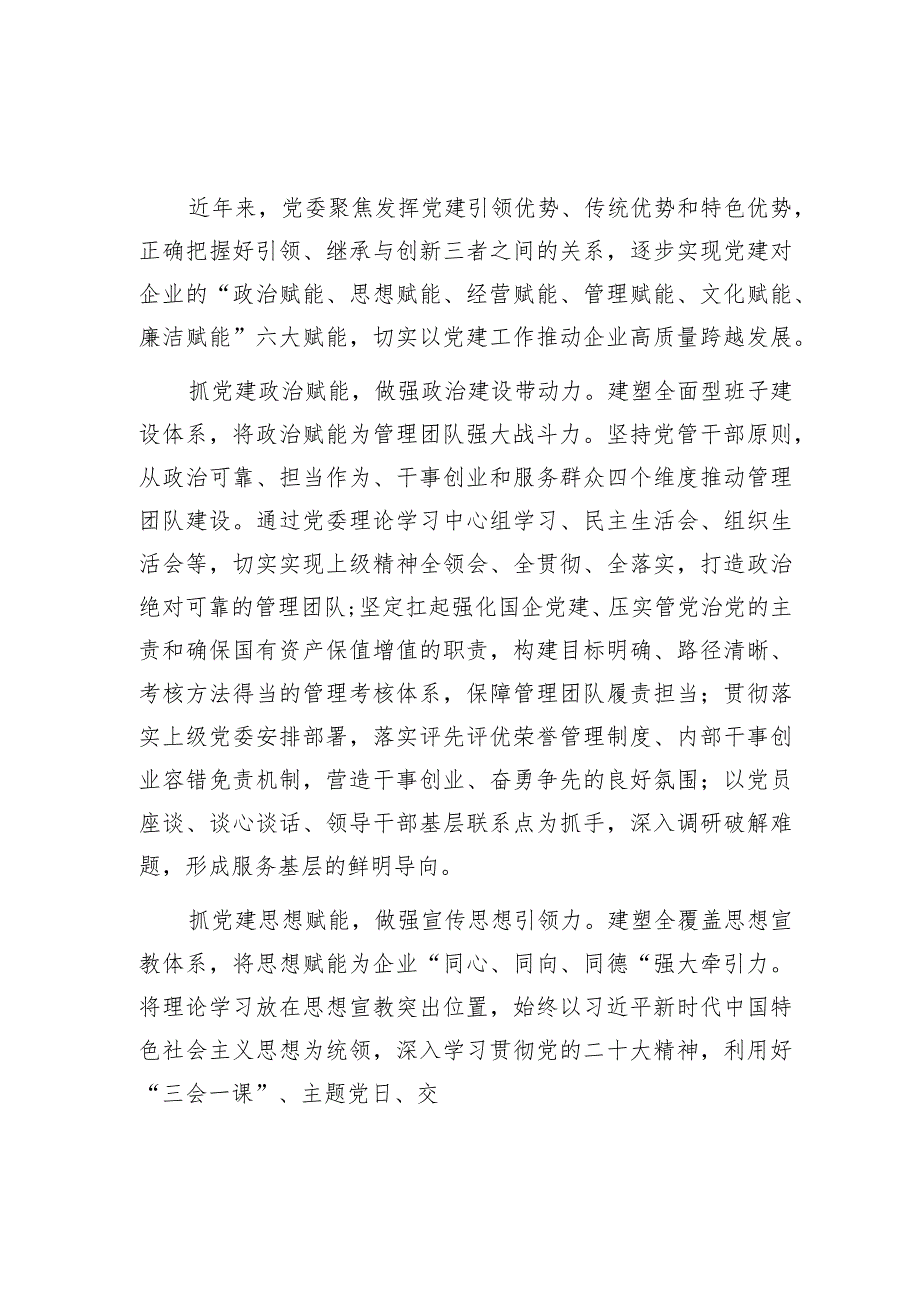 2024国企公司党委党总支党支部党建工作经验交流材料6篇.docx_第2页