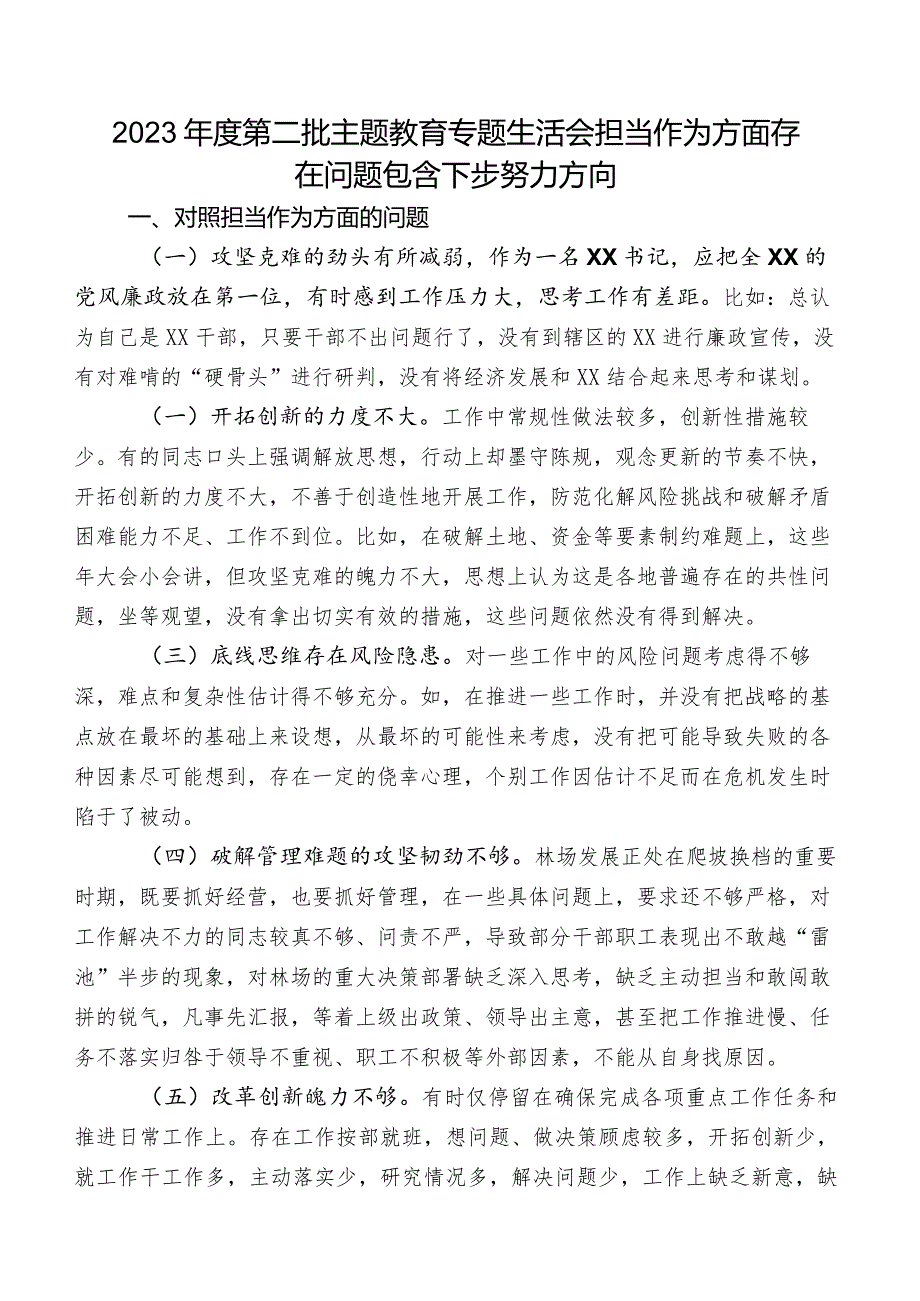 2023年度第二批专题教育专题生活会担当作为方面存在问题包含下步努力方向.docx_第1页