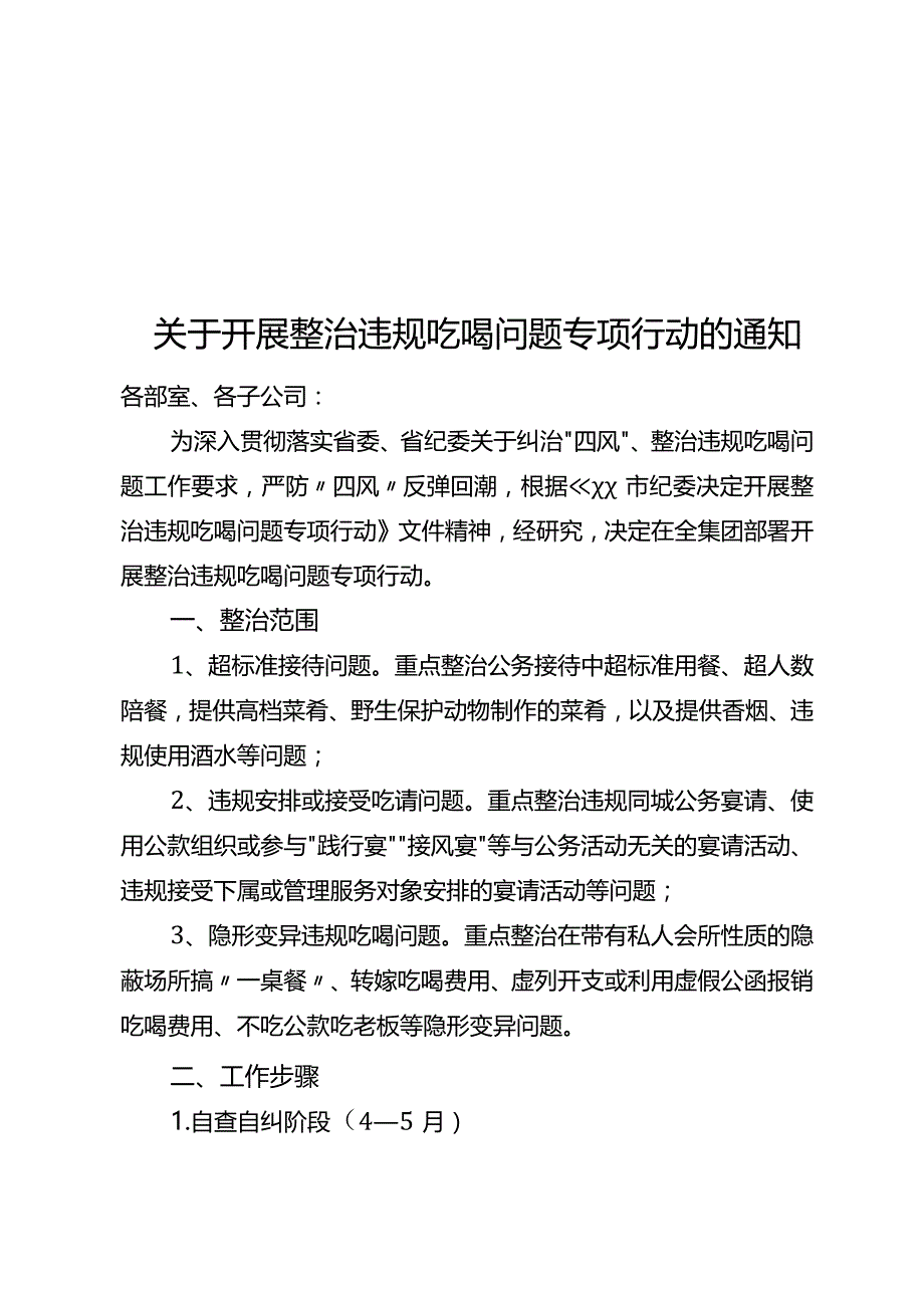 关于开展整治违规吃喝问题专项行动的通知.docx_第1页