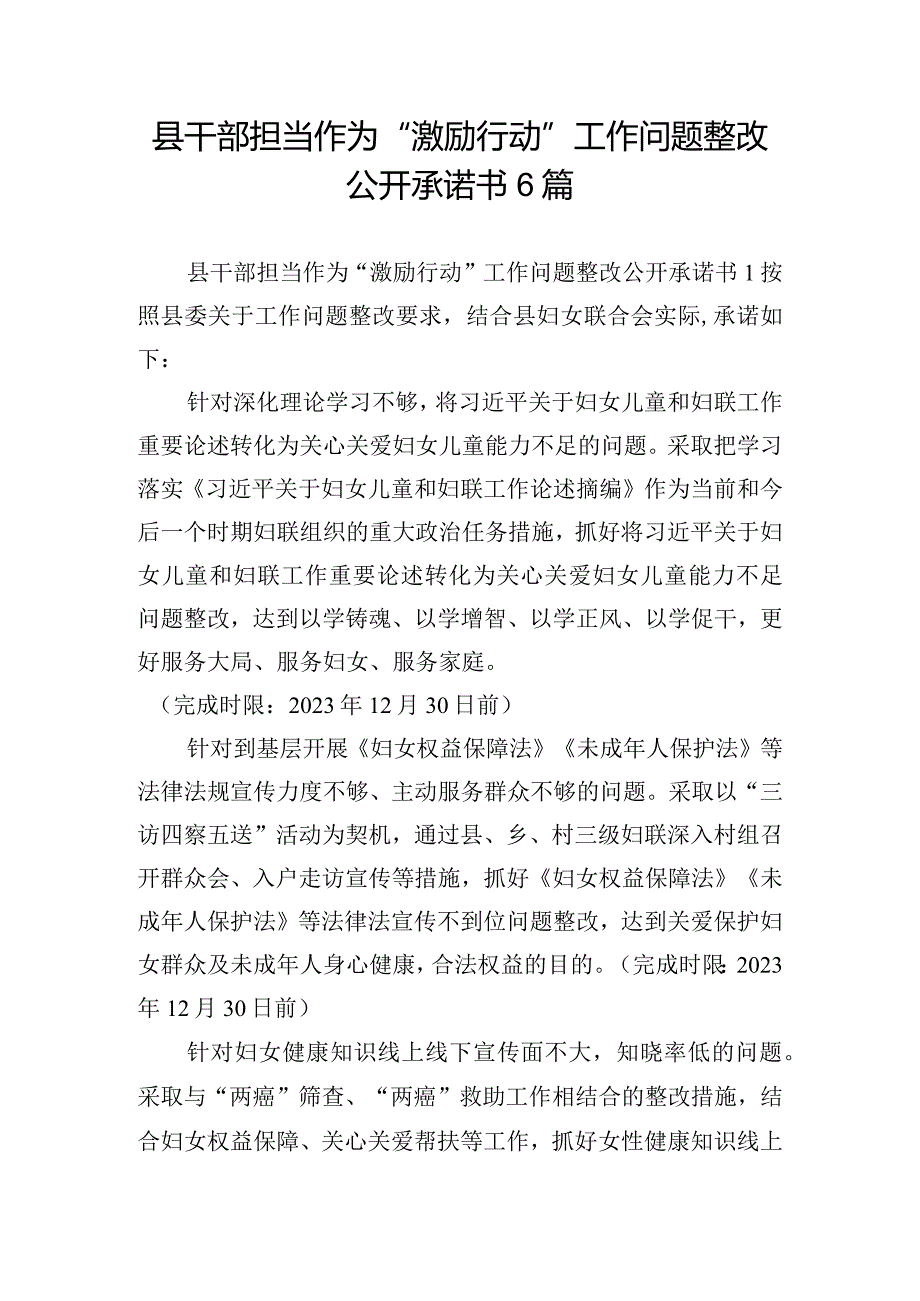 县干部担当作为“激励行动”工作问题整改公开承诺书6篇.docx_第1页