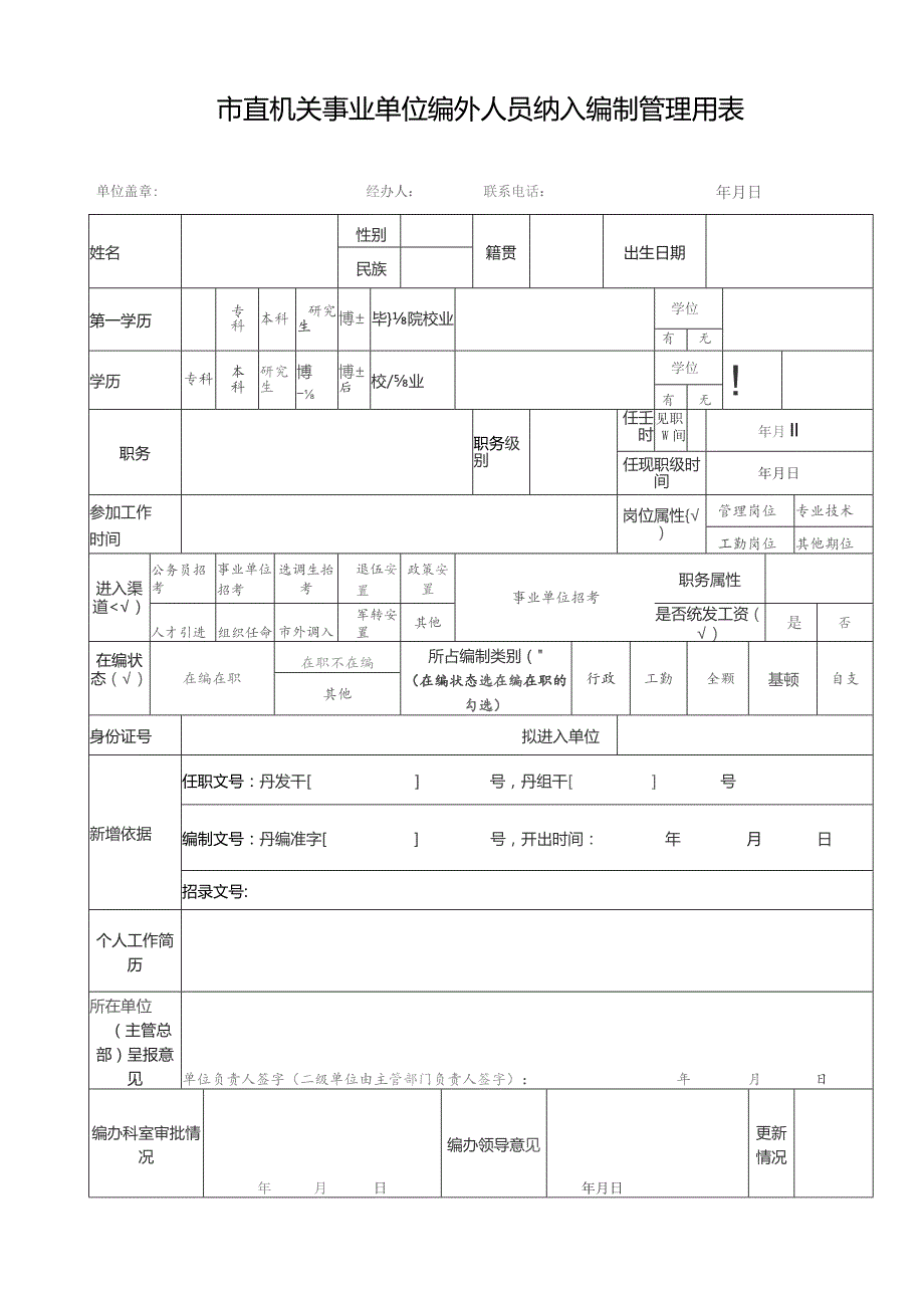 市直机关事业单位编外人员纳入编制管理用表.docx_第1页