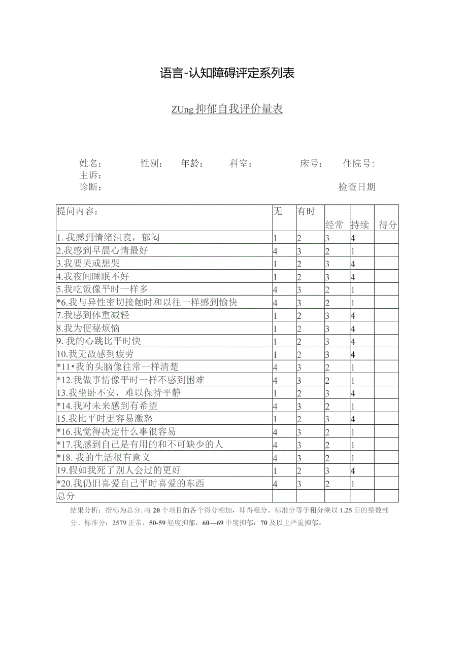 康复医学科ZUNG抑郁自我评价表.docx_第1页