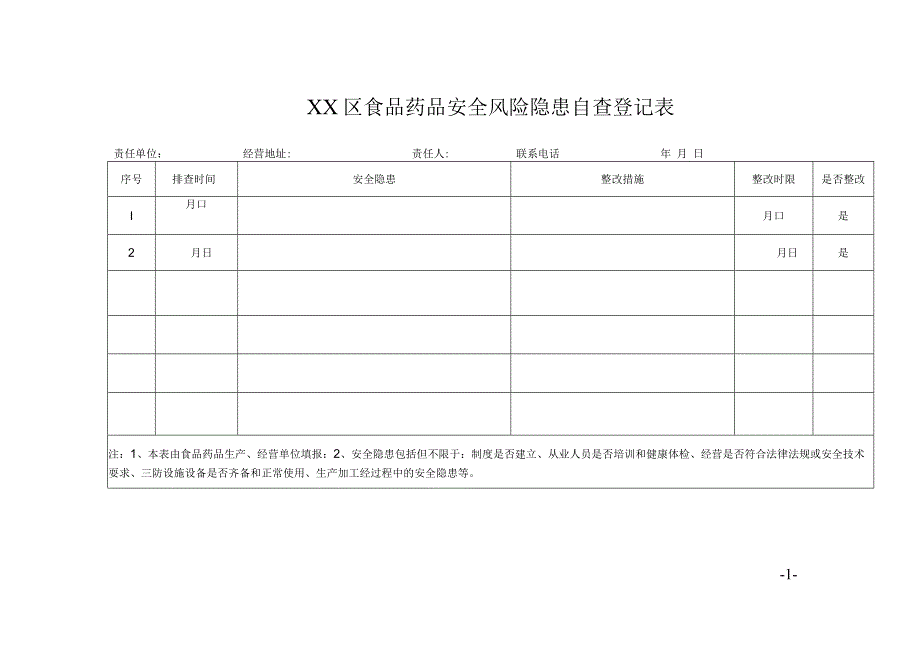 食品药品安全风险隐患自查登记表.docx_第1页