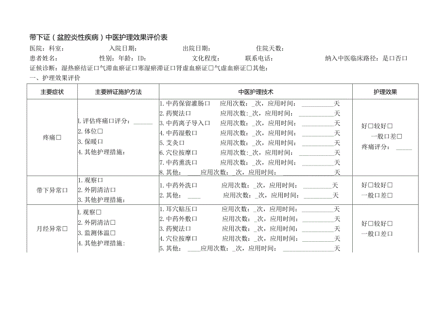 带下证（盆腔炎性疾病）中医护理效果评价表.docx_第1页