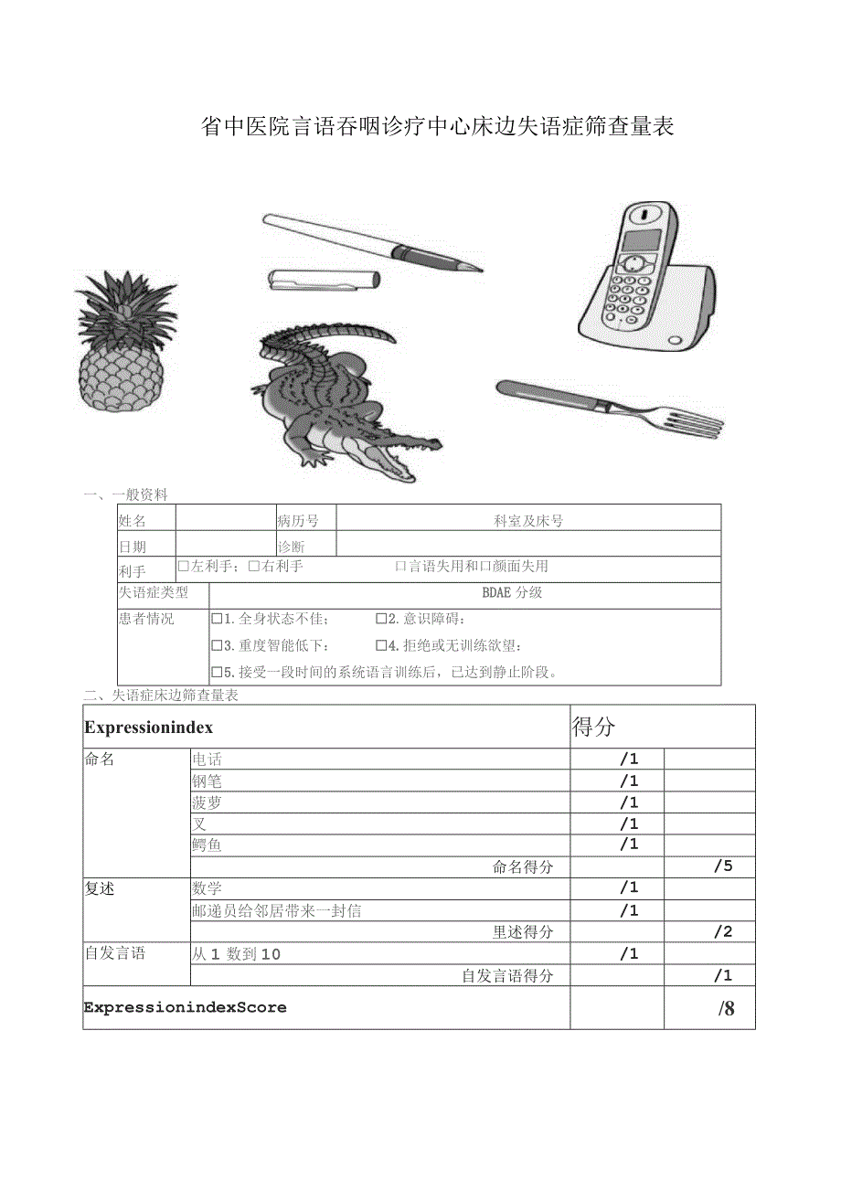 言语吞咽诊疗中心床边失语症筛查量表.docx_第1页