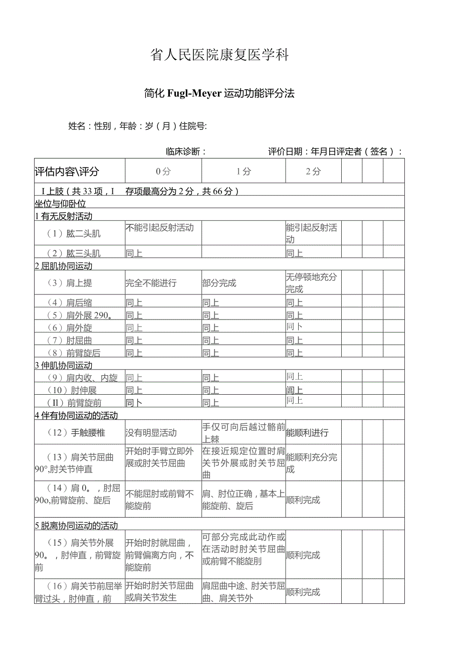 康复医学科简化Fugl-Meyer运动功能评分表.docx_第1页