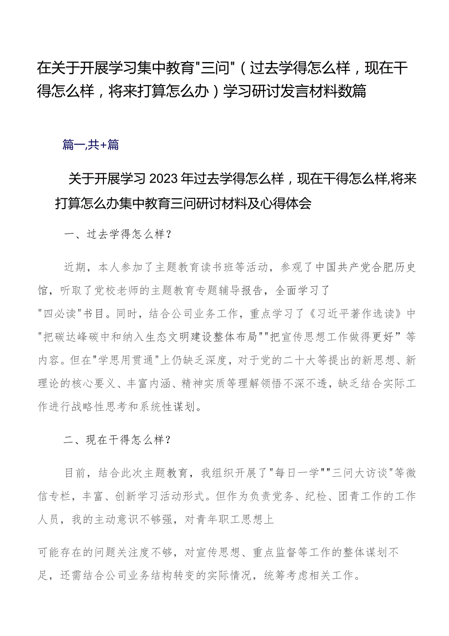 在关于开展学习集中教育“三问”（过去学得怎么样现在干得怎么样将来打算怎么办）学习研讨发言材料数篇.docx_第1页