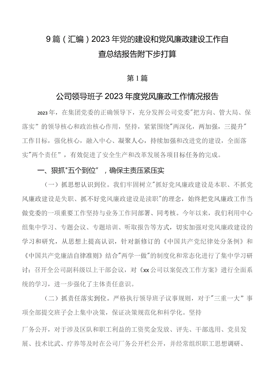 9篇（汇编）2023年党的建设和党风廉政建设工作自查总结报告附下步打算.docx_第1页