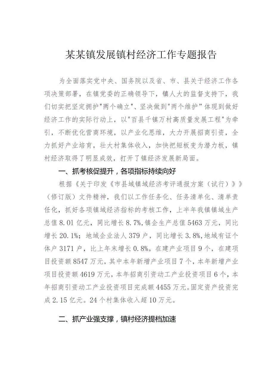 某某镇发展镇村经济工作专题报告.docx_第1页