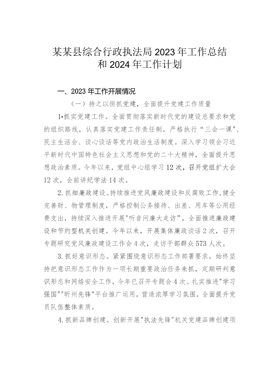 某某县综合行政执法局2023年工作总结和2024年工作计划.docx_第1页