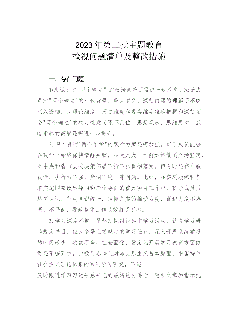 2023年第二批主题教育检视问题清单及整改措施.docx_第1页