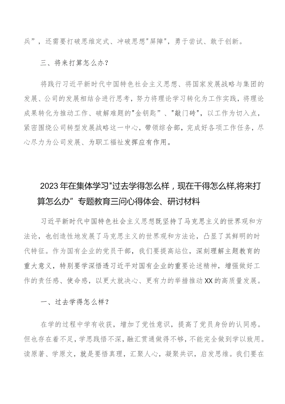 9篇集体学习“过去学得怎么样现在干得怎么样,将来打算怎么办”集中教育三问研讨交流发言材、学习心得.docx_第2页