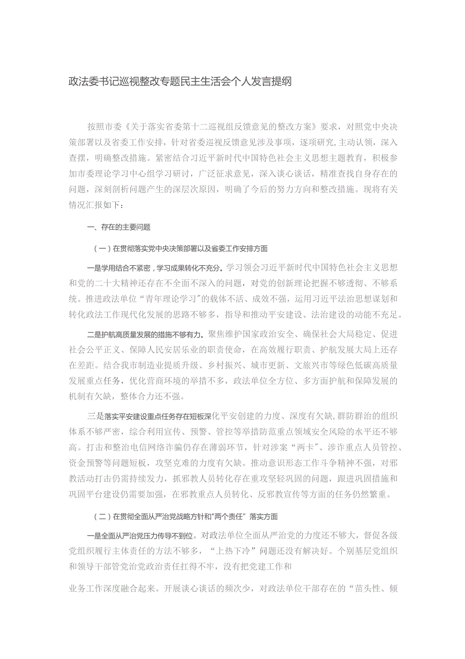 政法委书记巡视整改专题民主生活会个人发言提纲.docx_第1页