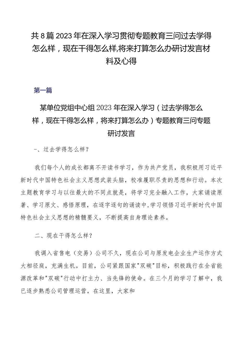 共8篇2023年在深入学习贯彻专题教育三问过去学得怎么样现在干得怎么样,将来打算怎么办研讨发言材料及心得.docx_第1页