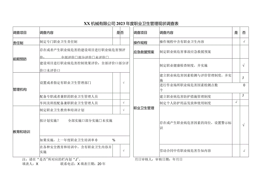 XX机械有限公司2023年度职业卫生管理现状调查表（2023年）.docx_第1页