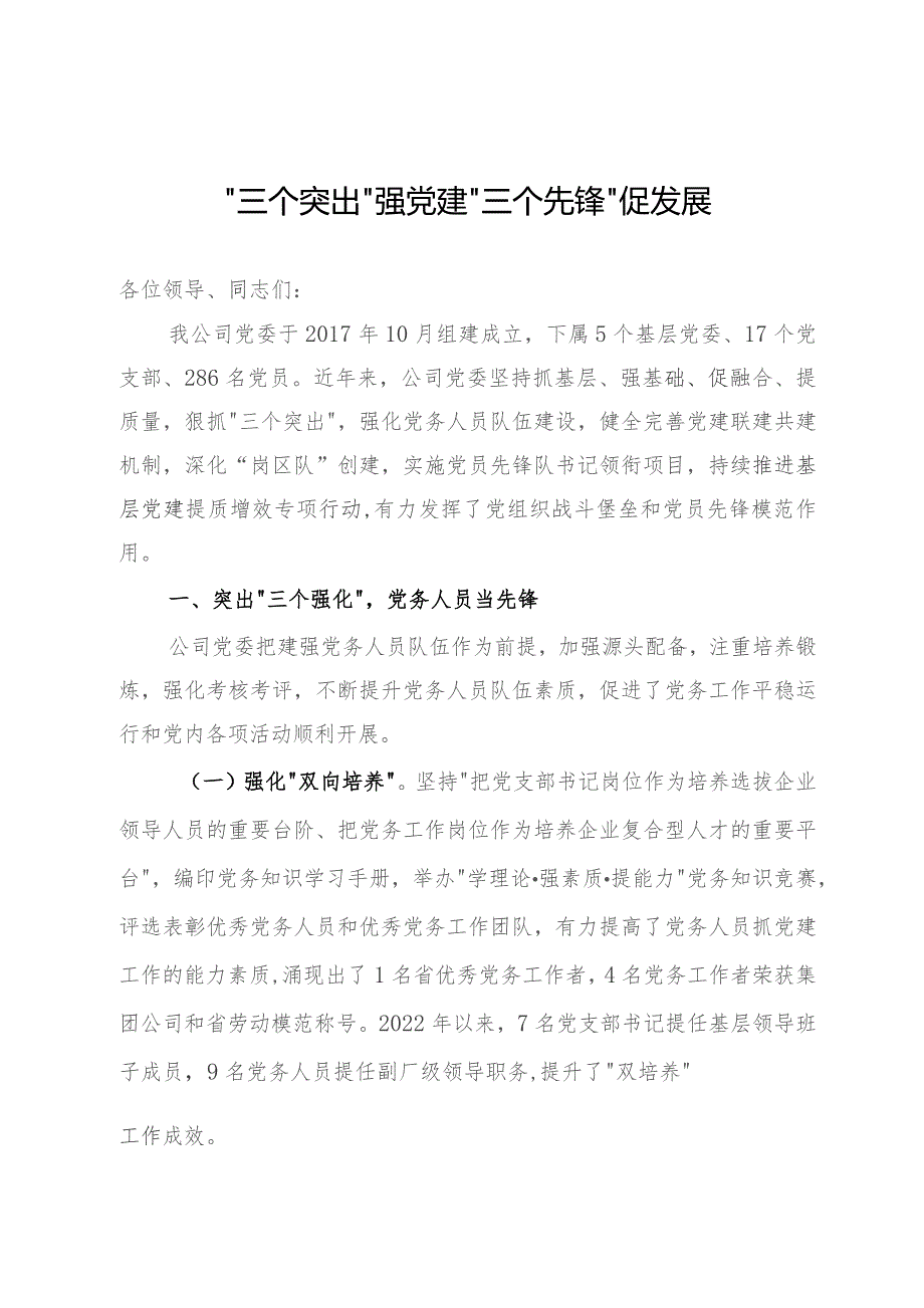 公司党委书记在集团党建工作经验分享会上的发言.docx_第1页