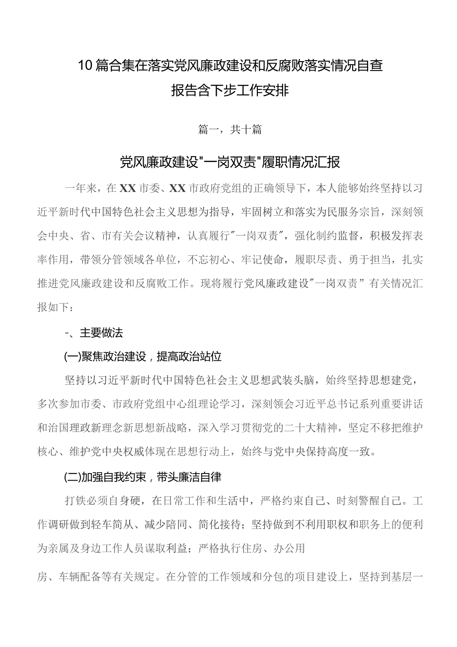 10篇合集在落实党风廉政建设和反腐败落实情况自查报告含下步工作安排.docx_第1页