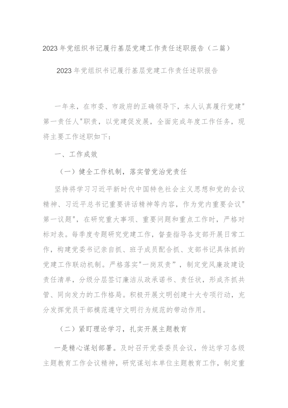 2023年党组织书记履行基层党建工作责任述职报告(二篇).docx_第1页