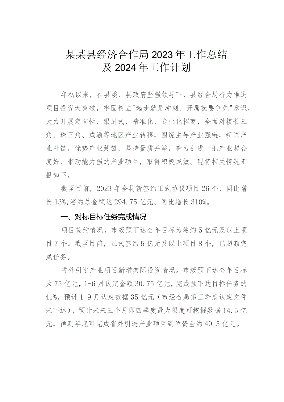 某某县经济合作局2023年工作总结及2024年工作计划.docx_第1页