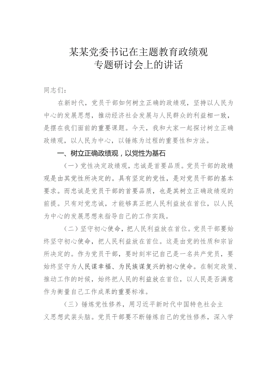 某某党委书记在主题教育政绩观专题研讨会上的讲话.docx_第1页