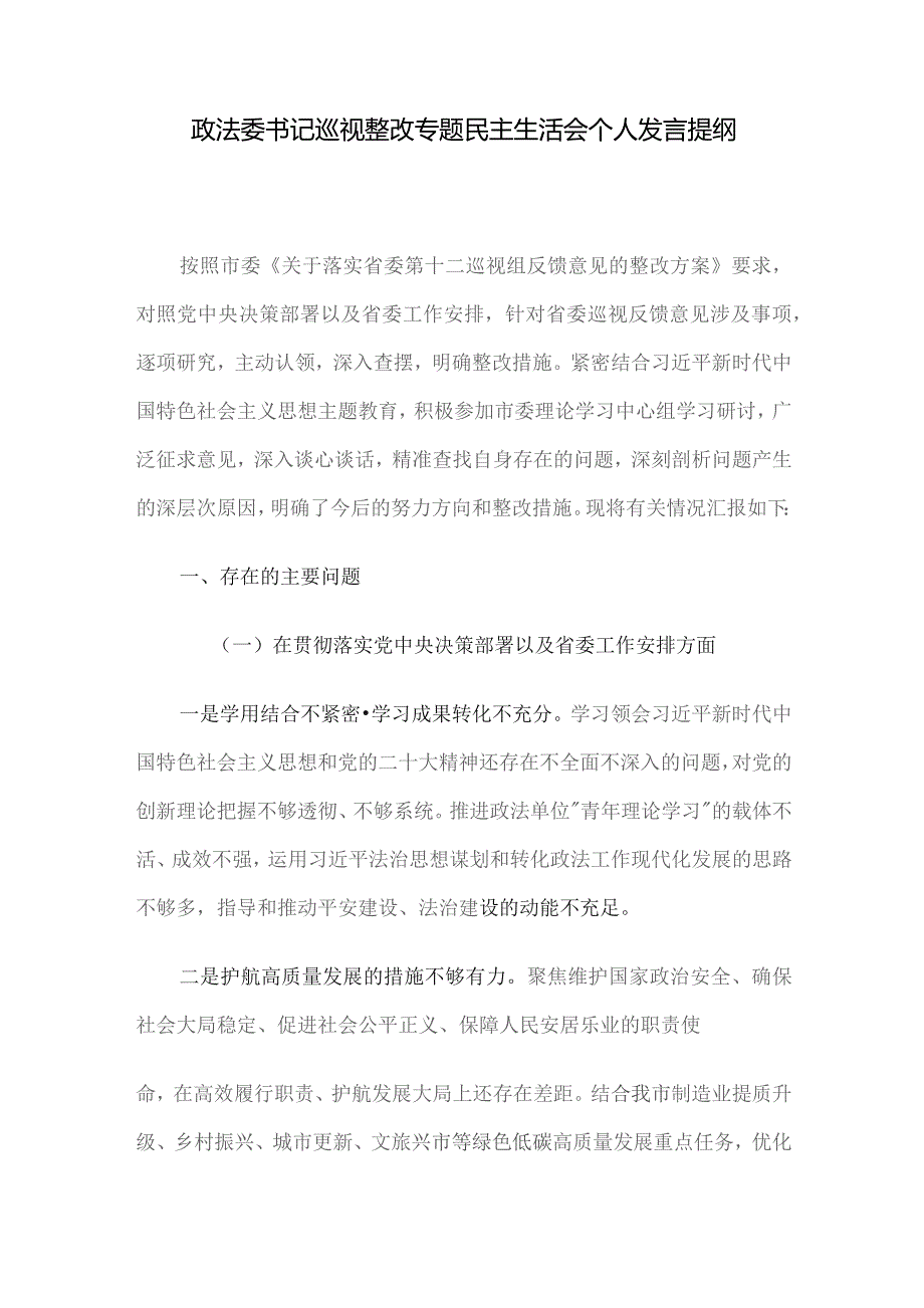 政法委书记巡视整改专题民主生活会个人发言提纲.docx_第1页