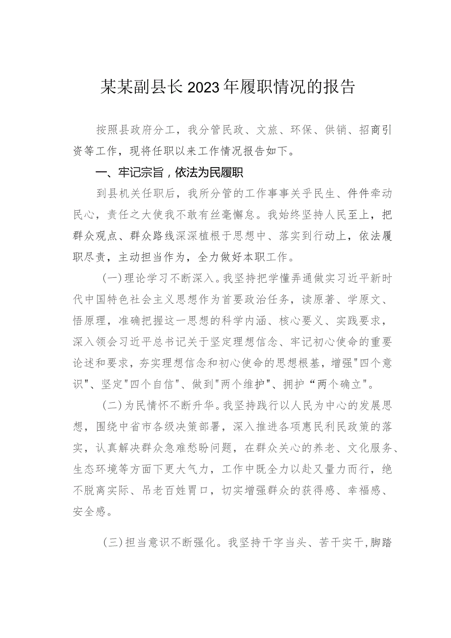 某某副县长2023年履职情况的报告.docx_第1页