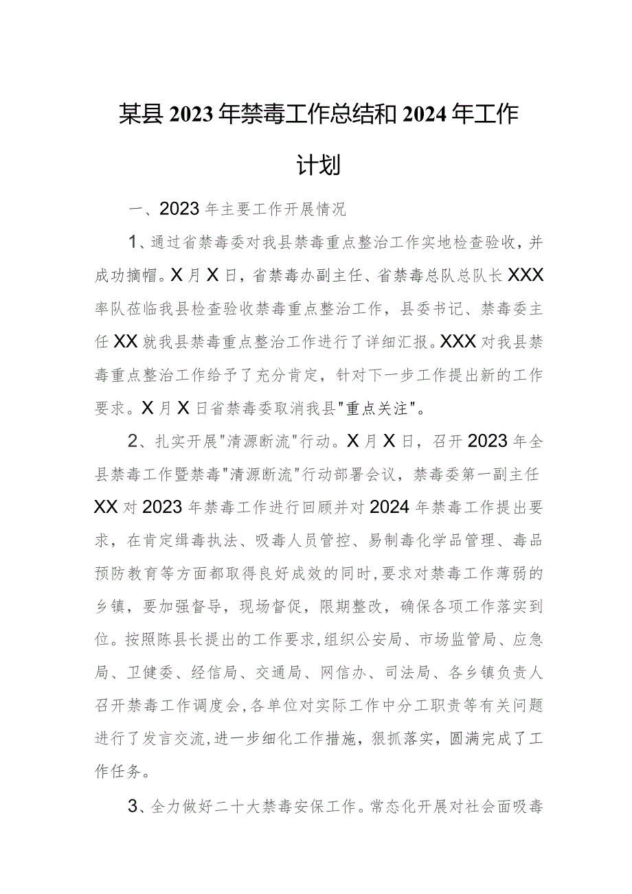 某县2023年禁毒工作总结和2024年工作计划.docx_第1页