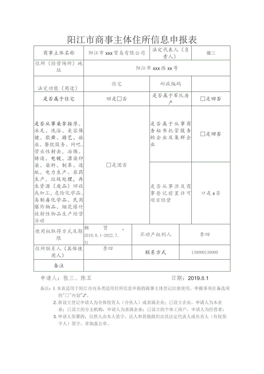 商事主体住所信息申报表和住宅改变为经营性用房登记承诺书（范本）.docx_第1页