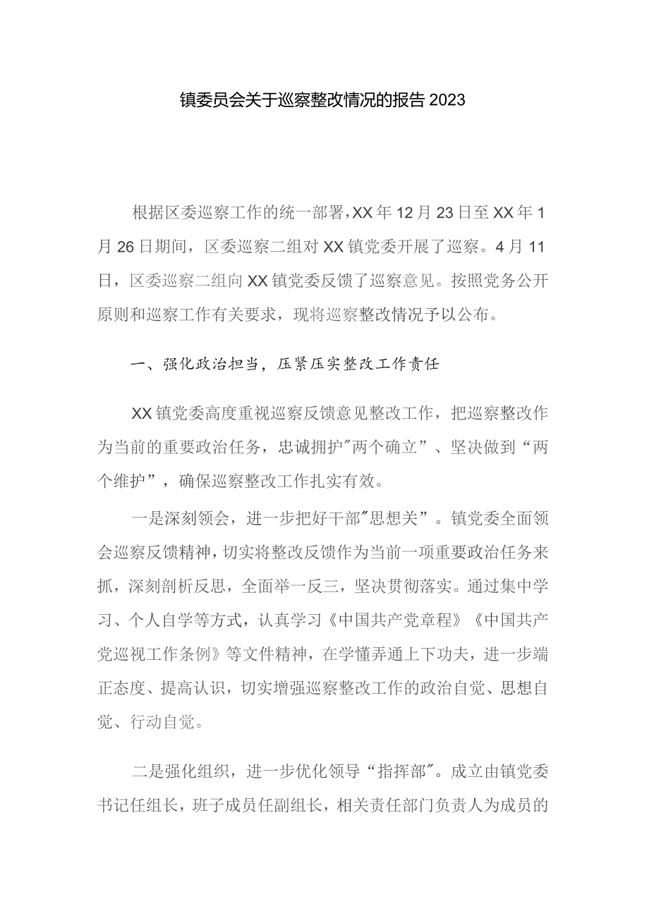 镇委员会关于巡察整改情况的报告2023.docx_第1页