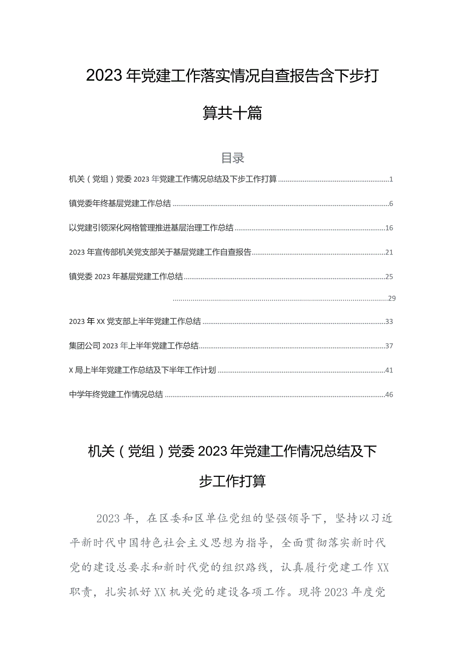 2023年党建工作落实情况自查报告含下步打算共十篇.docx_第1页