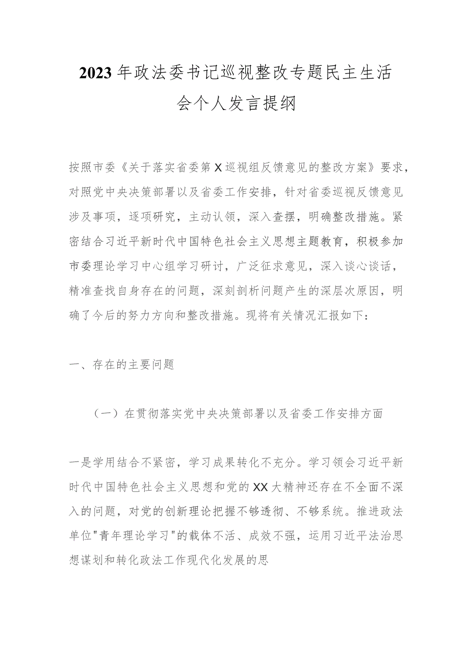 2023年政法委书记巡视整改专题民主生活会个人发言提纲.docx_第1页