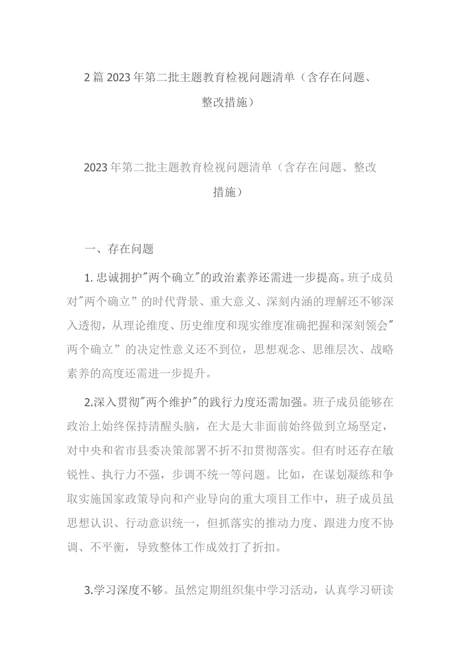 2篇2023年第二批主题教育检视问题清单（含存在问题、整改措施）.docx_第1页