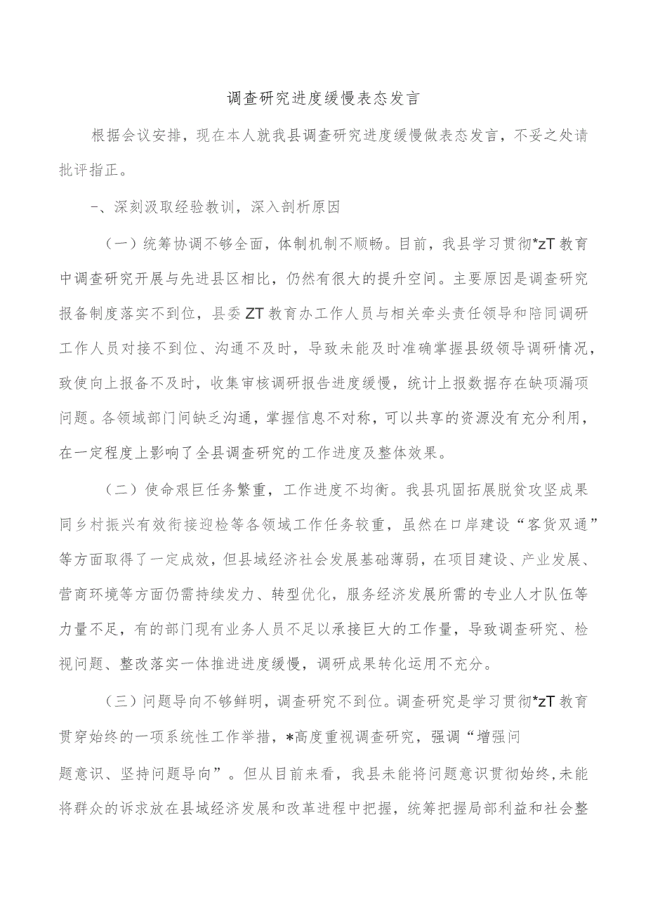 调查研究进度缓慢表态发言.docx_第1页