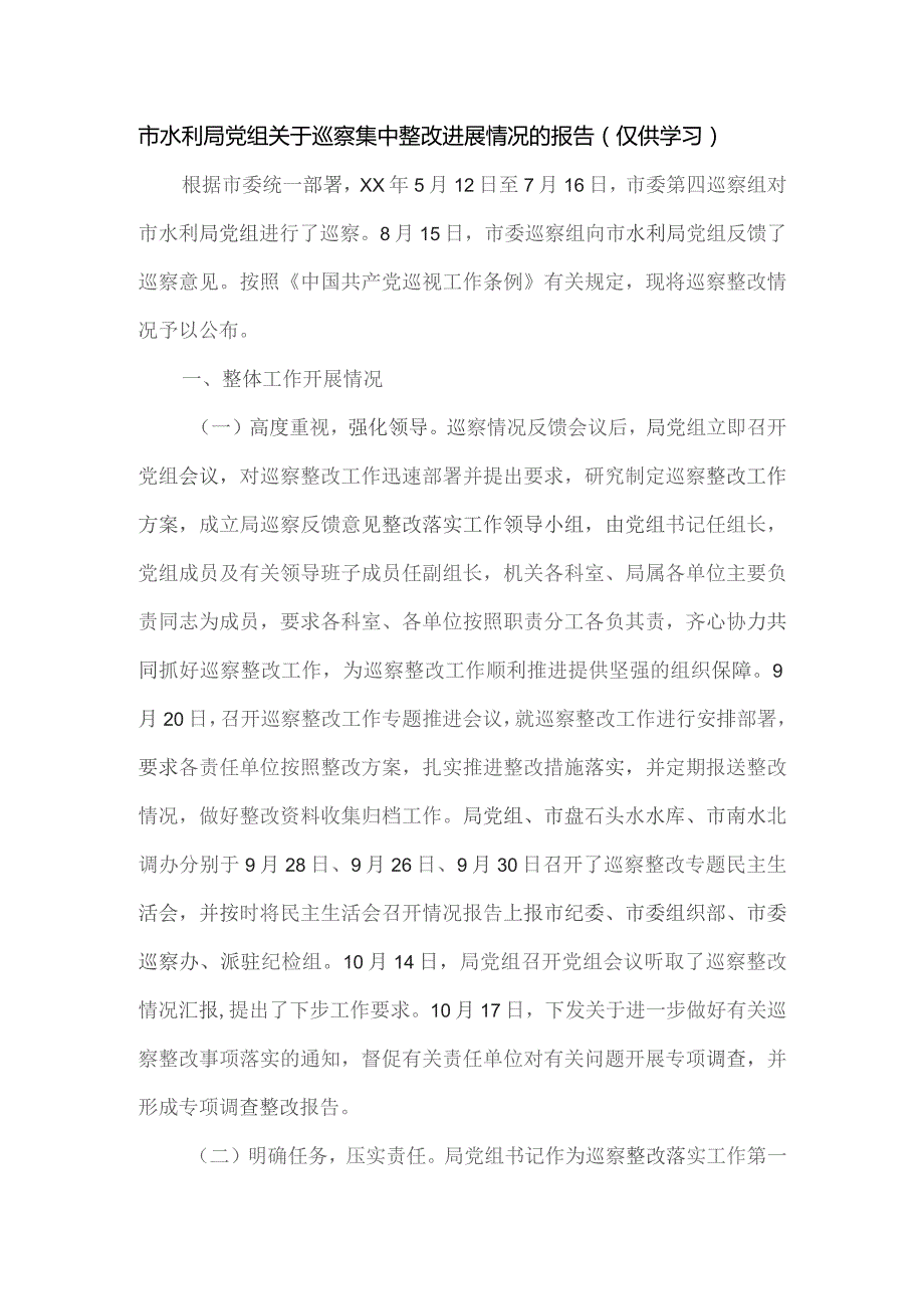 市水利局党组关于巡察集中整改进展情况的报告.docx_第1页