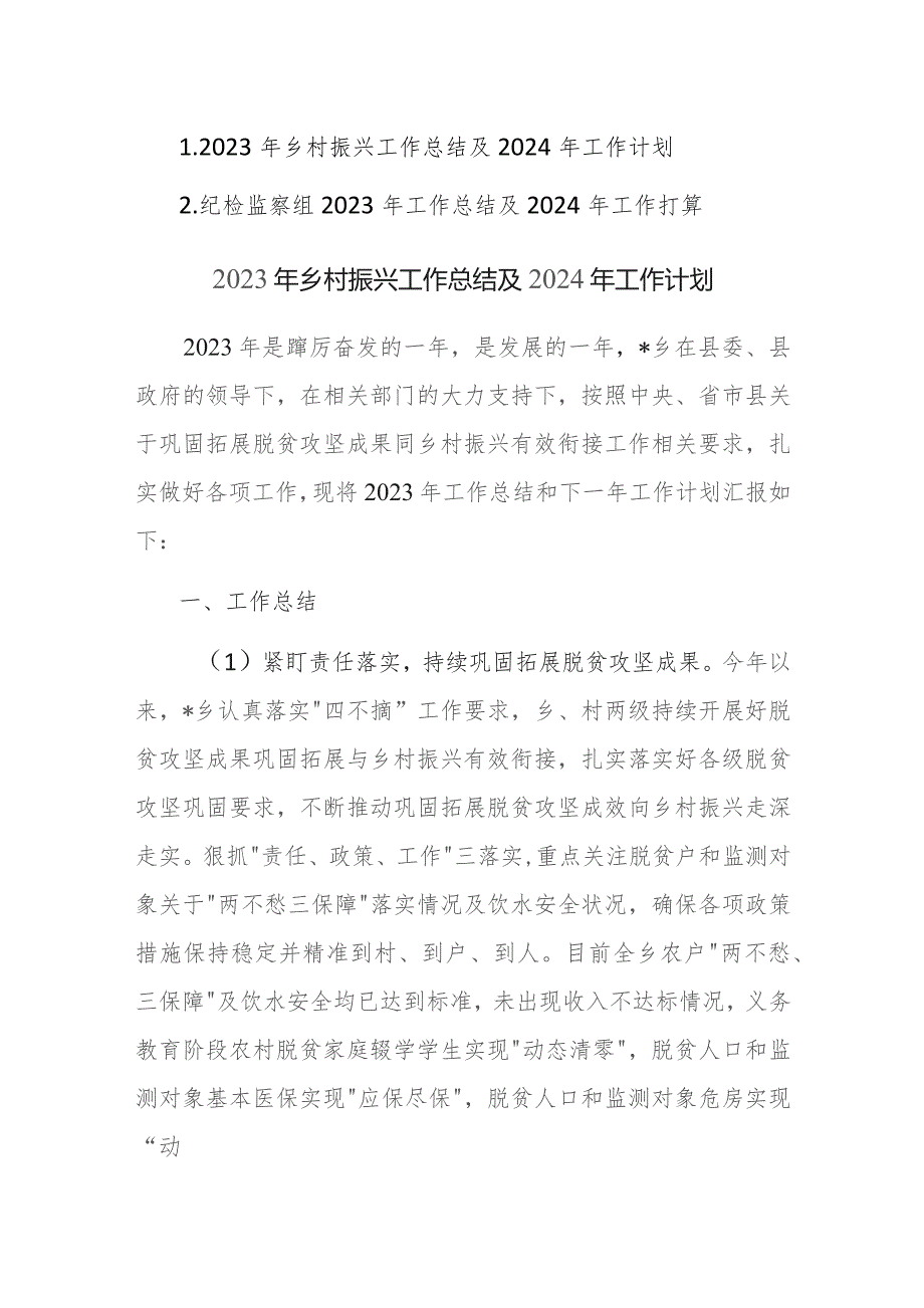 2023年乡村振兴和纪检监察组2023年工作总结及2024年工作计划范文2篇.docx_第1页