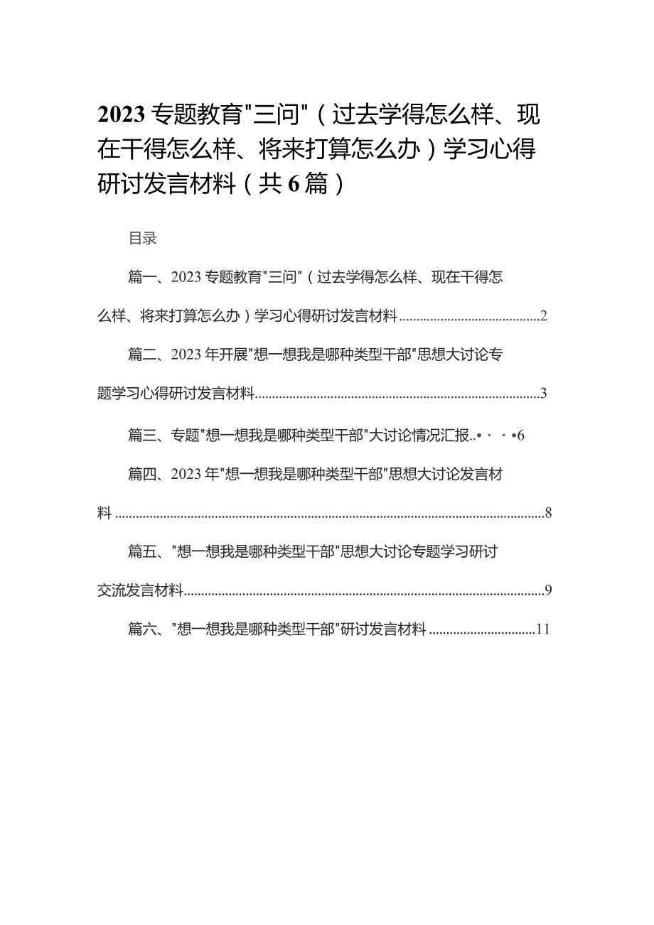 专题教育“三问”（过去学得怎么样、现在干得怎么样、将来打算怎么办）学习心得研讨发言材料【六篇精选】供参考.docx_第1页