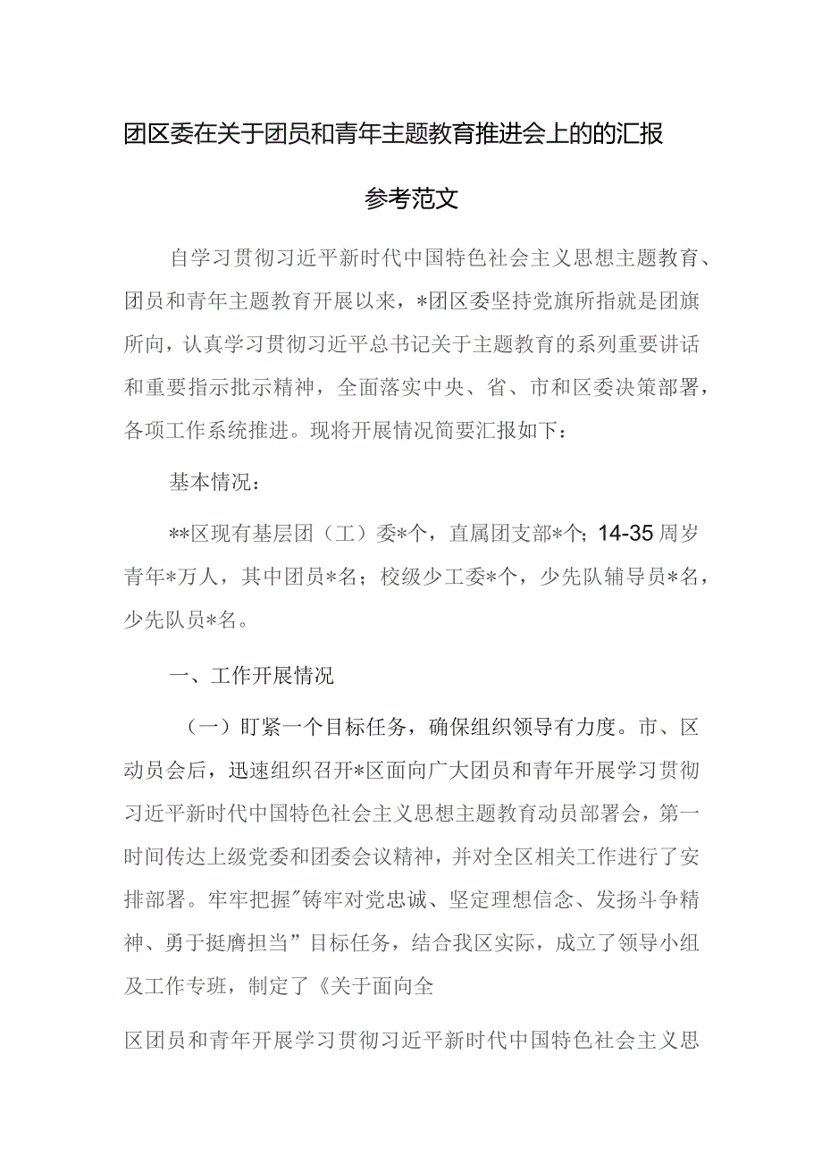 团区委在关于团员和青年主题教育推进会上的的汇报参考范文.docx_第1页