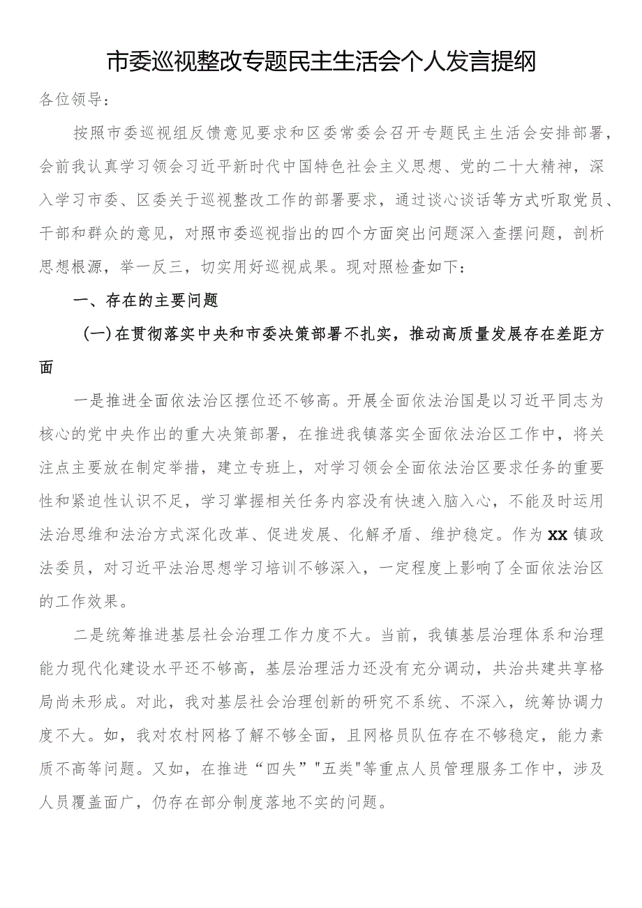 市委巡视整改专题民主生活会个人发言提纲.docx_第1页