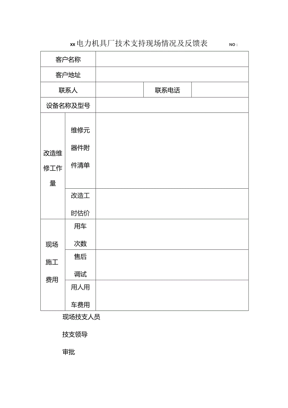 XX电力机具厂技术支持现场情况及反馈表（2023年）.docx_第1页