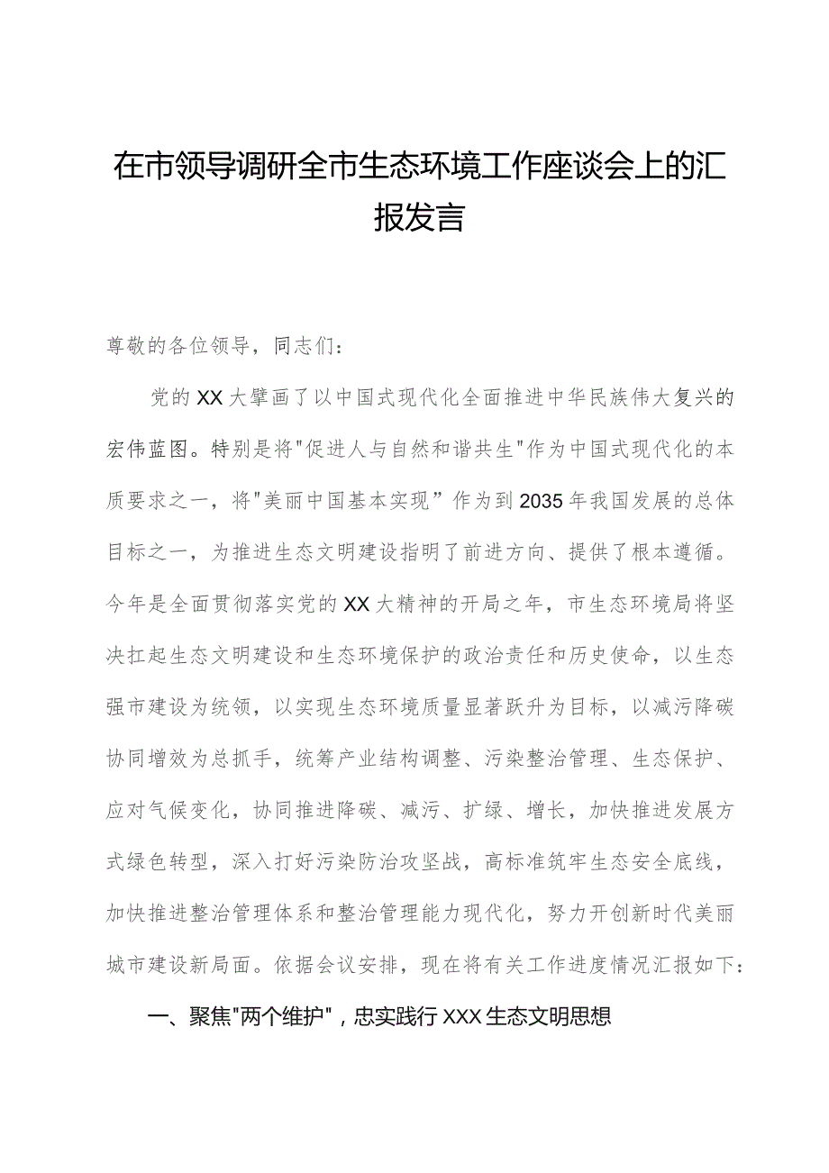 在市领导调研全市生态环境工作座谈会上的汇报发言.docx_第1页