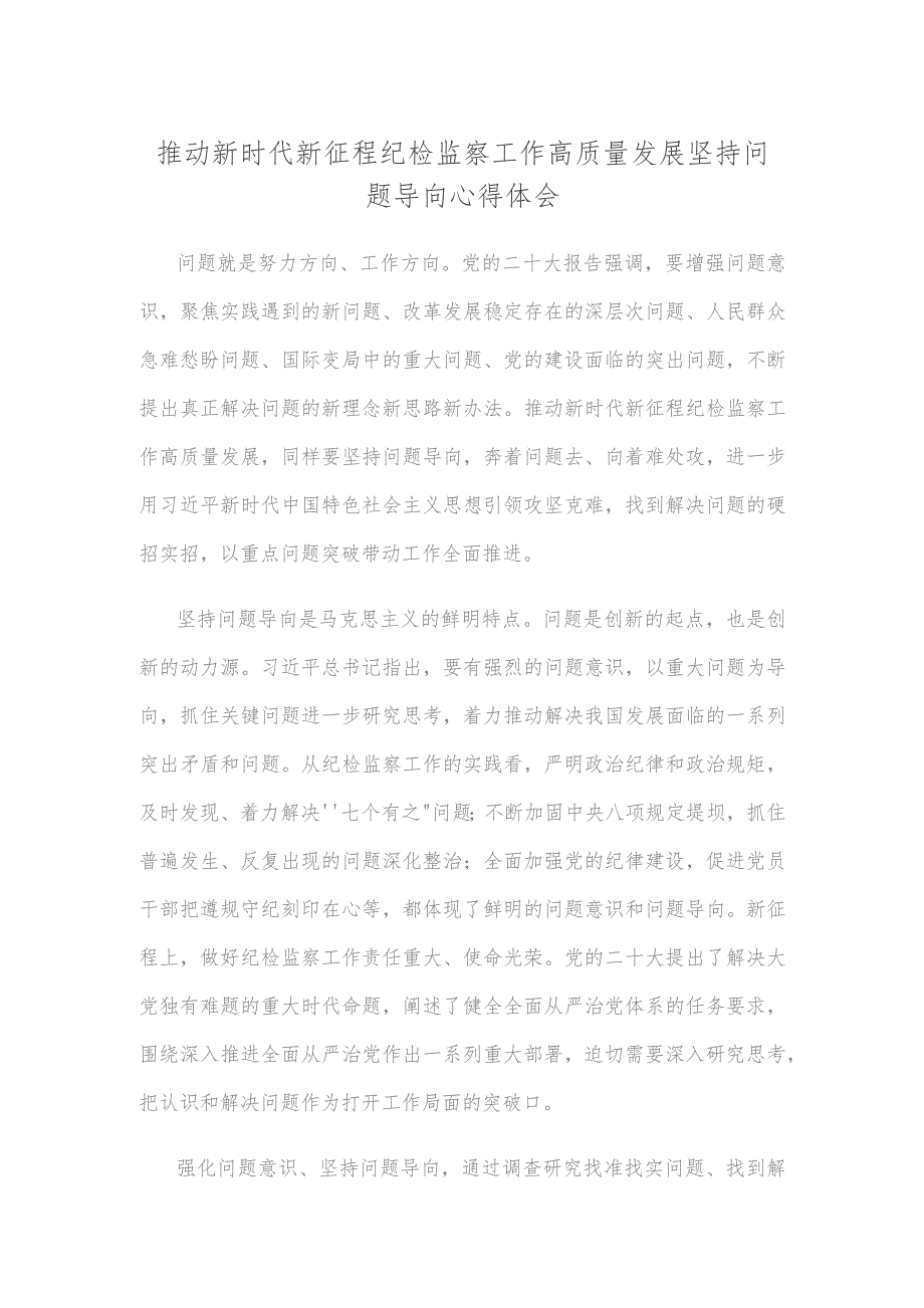 推动新时代新征程纪检监察工作高质量发展坚持问题导向心得体会.docx_第1页