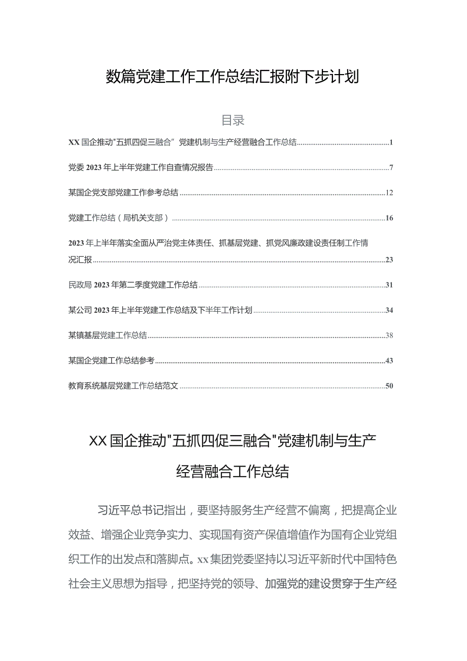 数篇党建工作工作总结汇报附下步计划.docx_第1页