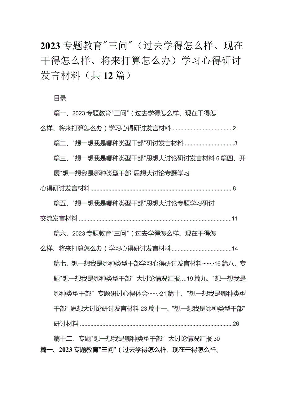 专题教育“三问”（过去学得怎么样、现在干得怎么样、将来打算怎么办）学习心得研讨发言材料最新精选版【12篇】.docx_第1页