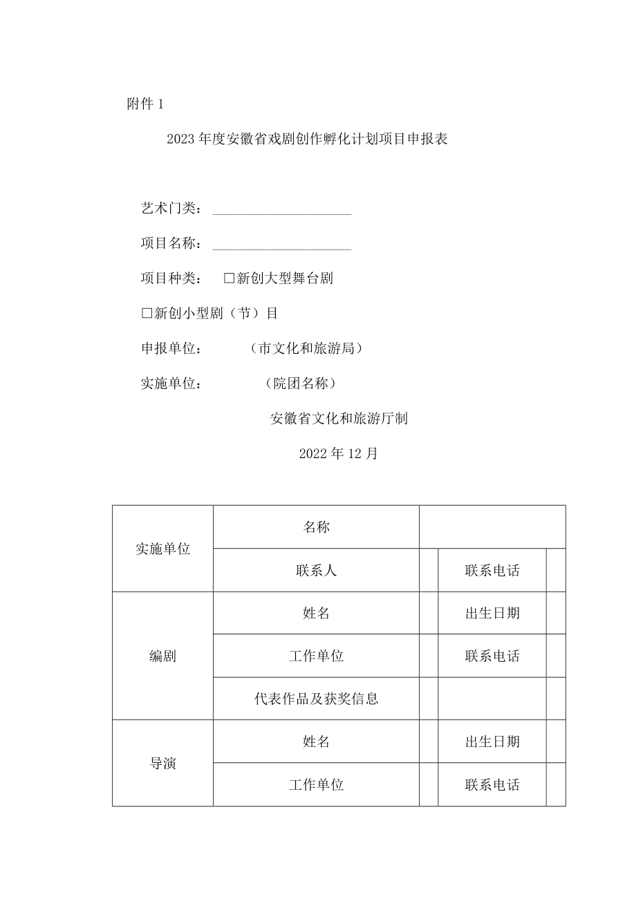 2023年度安徽省戏剧创作孵化计划项目申报表.docx_第1页