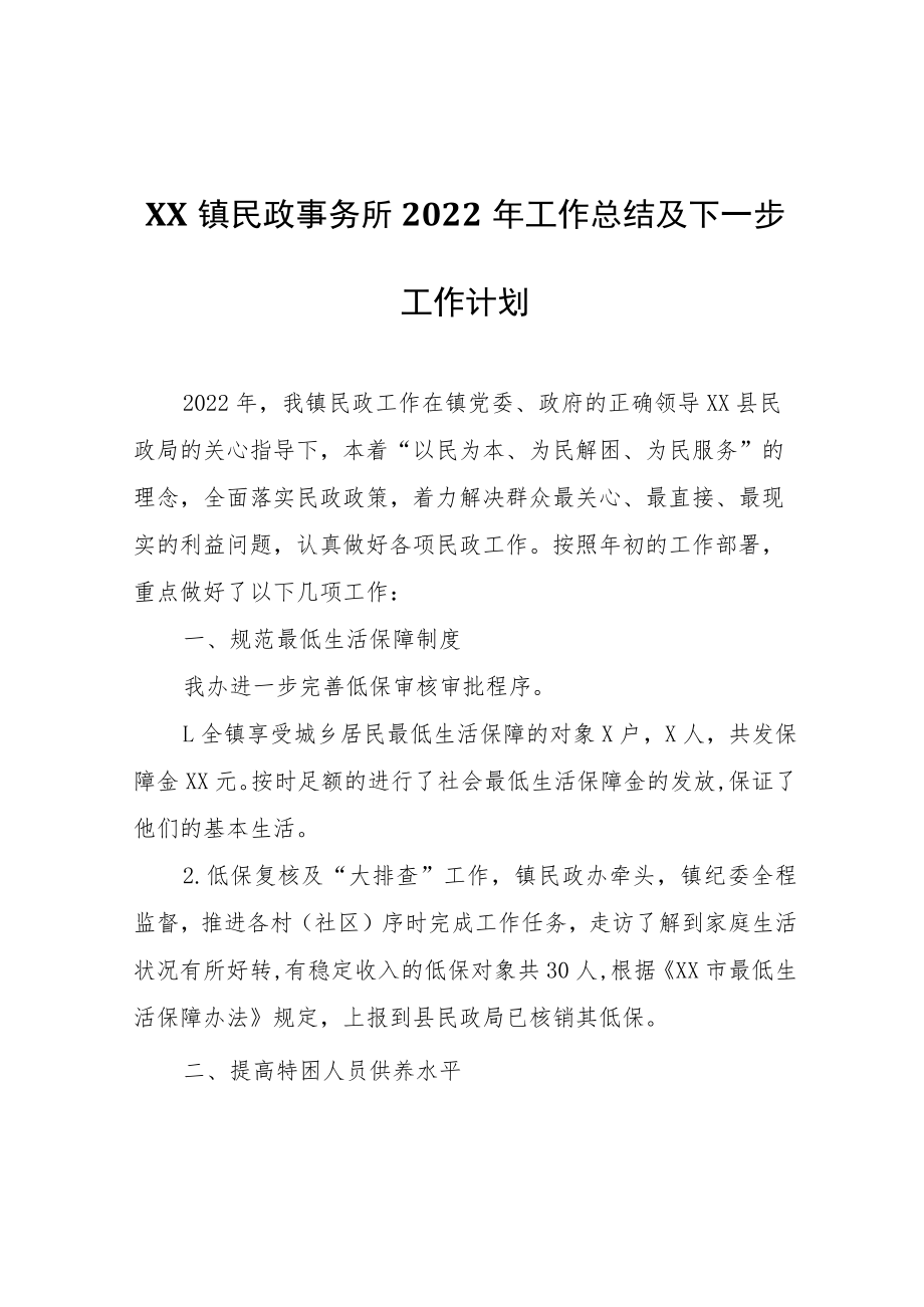 XX镇民政事务所2022年工作总结及下一步工作计划.docx_第1页